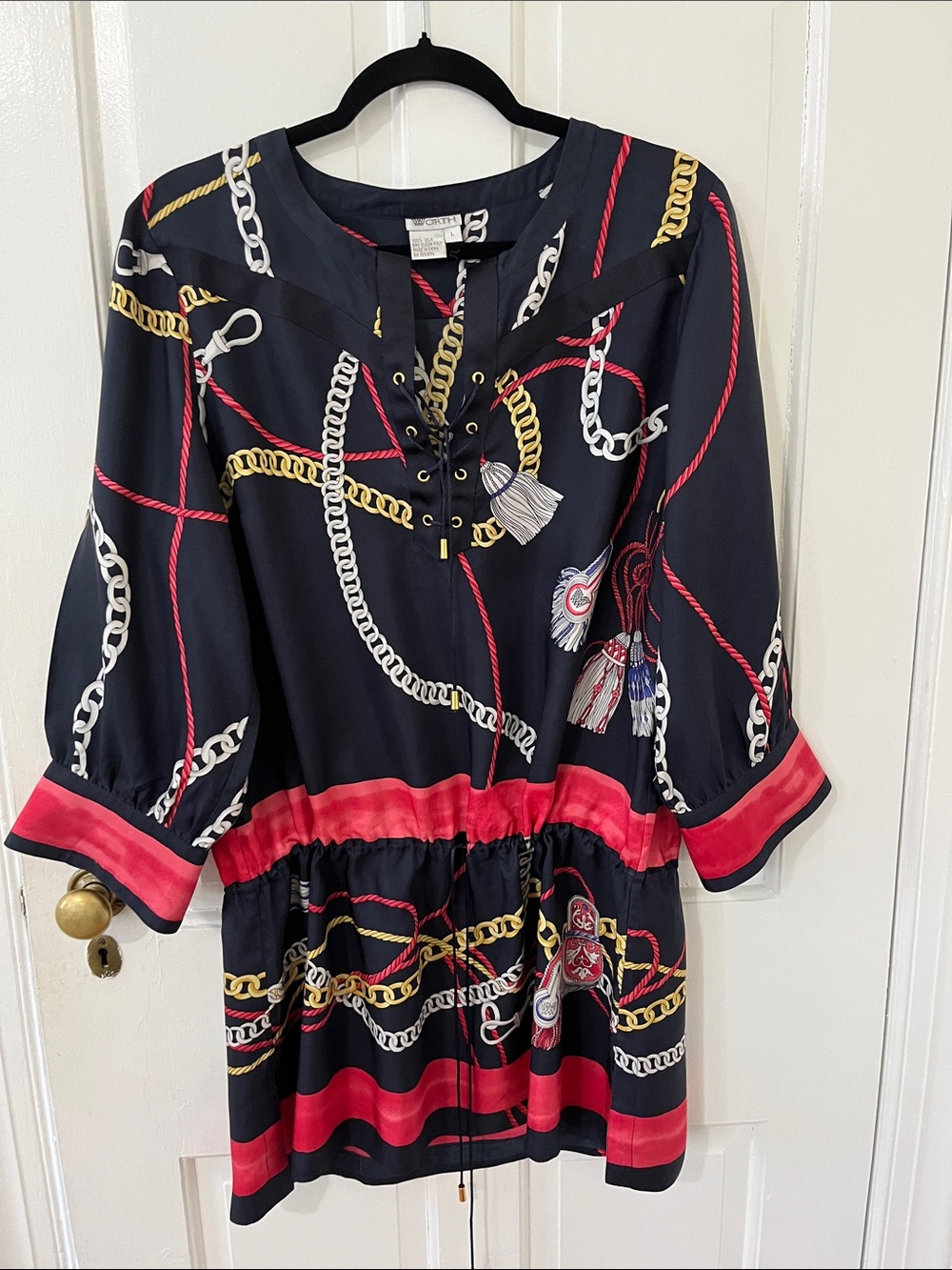 Worth 100% Silk Navy Dress with Red and Gold Chain Print